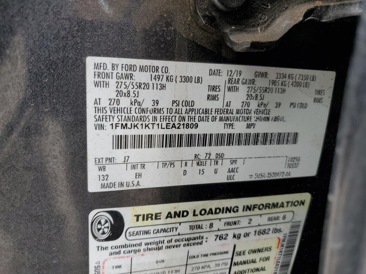 2020 Ford Expedition VIN 1FMJK1KT1LEA21809 Copart auction photo, front end / side damage thumbnail 13