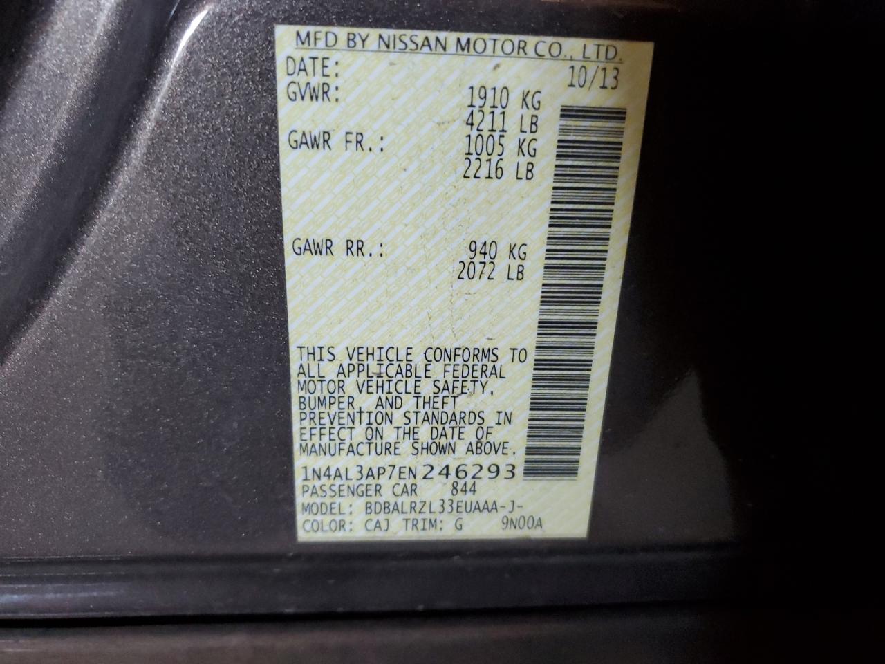 2014 Nissan Altima VIN 1N4AL3AP7EN246293 Copart auction photo, rear end / front end damage thumbnail 13