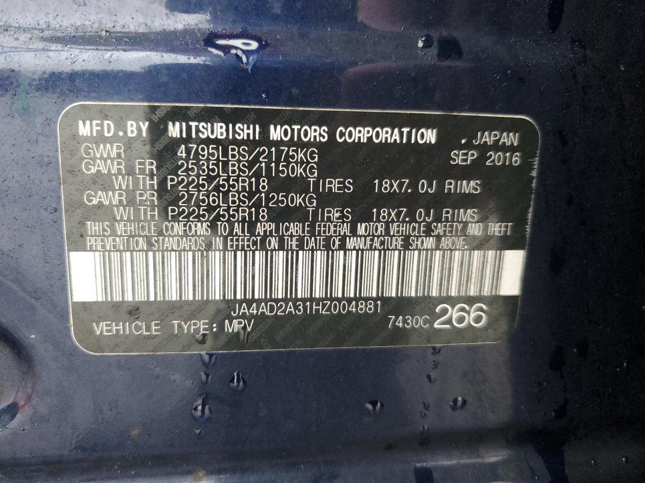 2017 Mitsubishi Outlander VIN JA4AD2A31HZ004881 Copart auction photo, side / rear end damage thumbnail 14