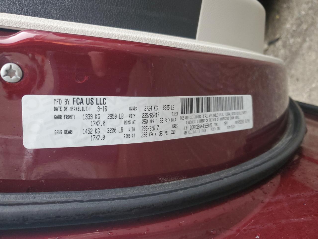 2017 Chrysler Pacifica VIN 2C4RC1EGXHR589022 Copart auction photo, front end damage thumbnail 14