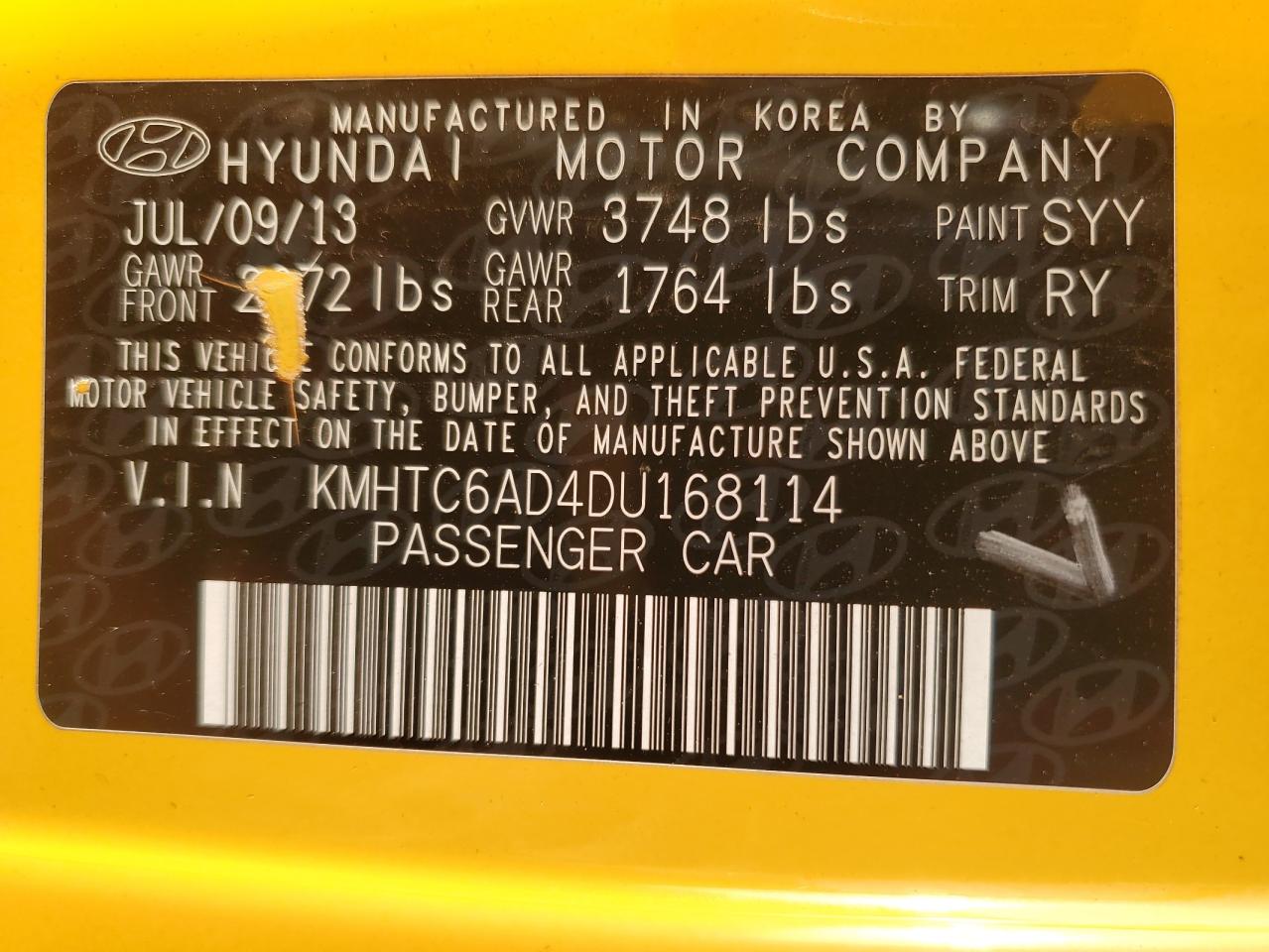 2013 Hyundai Veloster VIN KMHTC6AD4DU168114 Copart auction photo, vandalism / stripped damage thumbnail 12