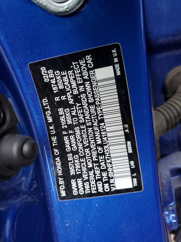2020 Honda Civic VIN SHHFK7H33LU416124 Copart auction photo, rear end damage thumbnail 13
