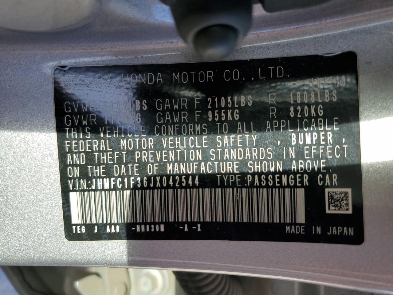 2018 Honda Civic VIN JHMFC1F36JX042544 Copart auction photo, front end damage thumbnail 15