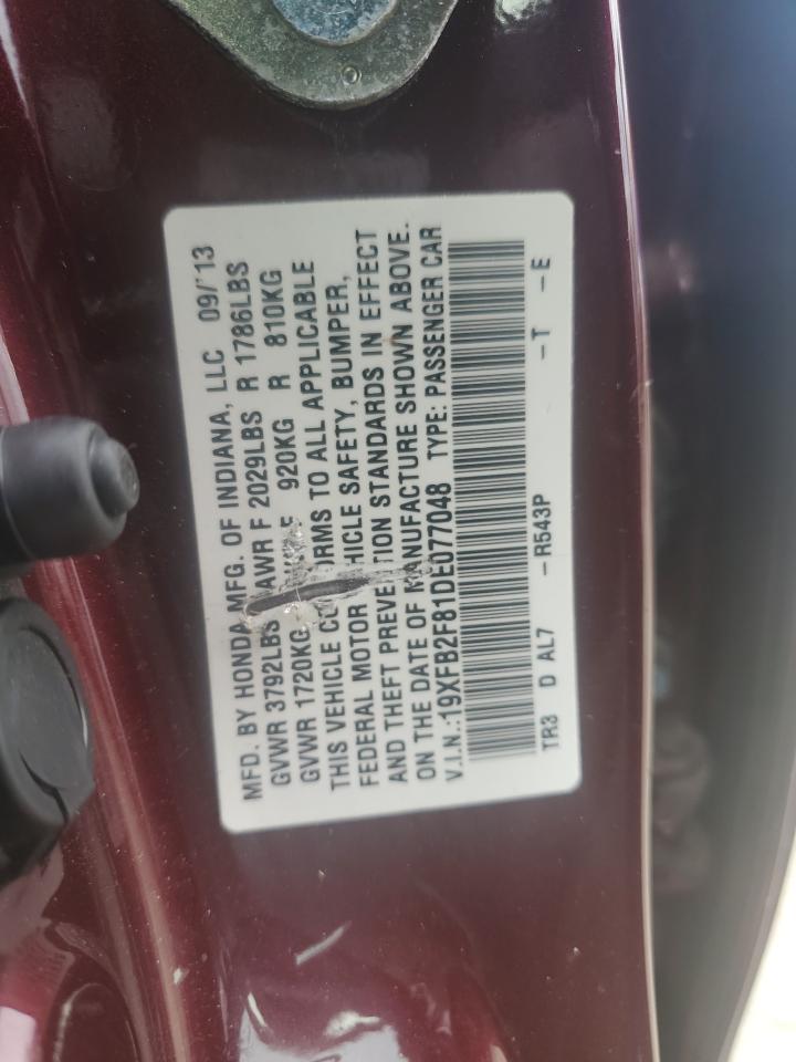 2013 Honda Civic VIN 19XFB2F81DE077048 Copart auction photo, front end damage thumbnail 12