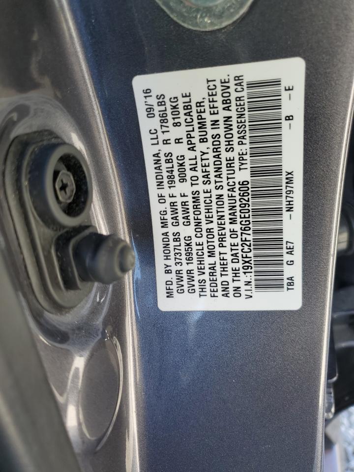 2016 Honda Civic VIN 19XFC2F76GE092606 Copart auction photo, front end / mechanical damage thumbnail 13
