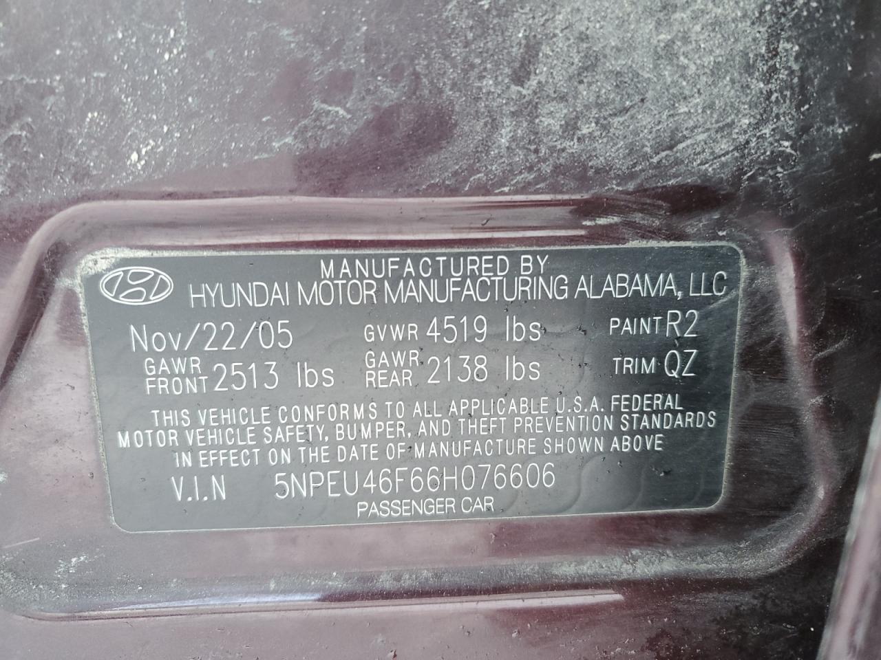 2006 Hyundai Sonata VIN 5NPEU46F66H076606 Copart auction photo, front end damage thumbnail 12