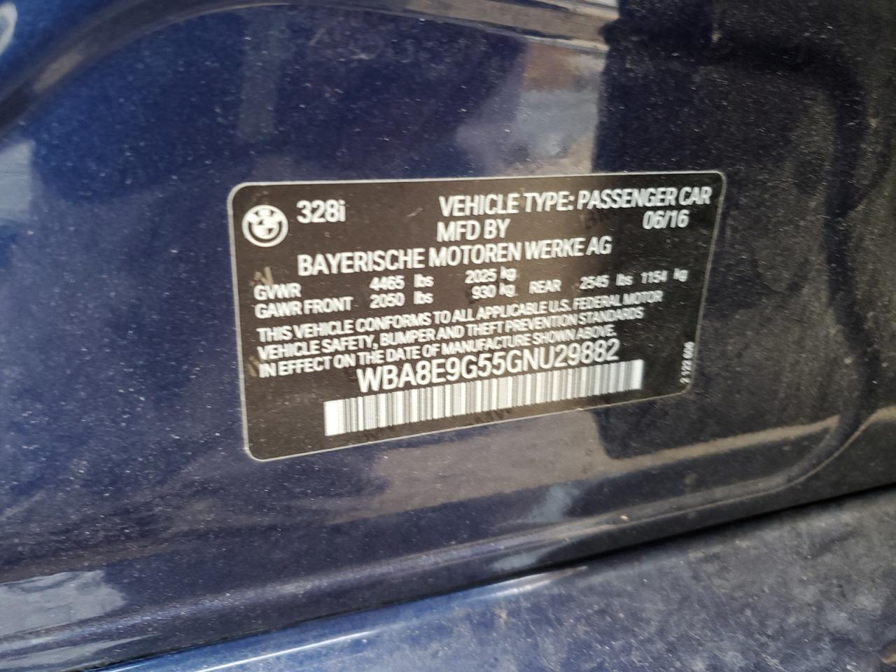 2016 BMW 3er VIN WBA8E9G55GNU29882 Copart auction photo, front end damage thumbnail 14