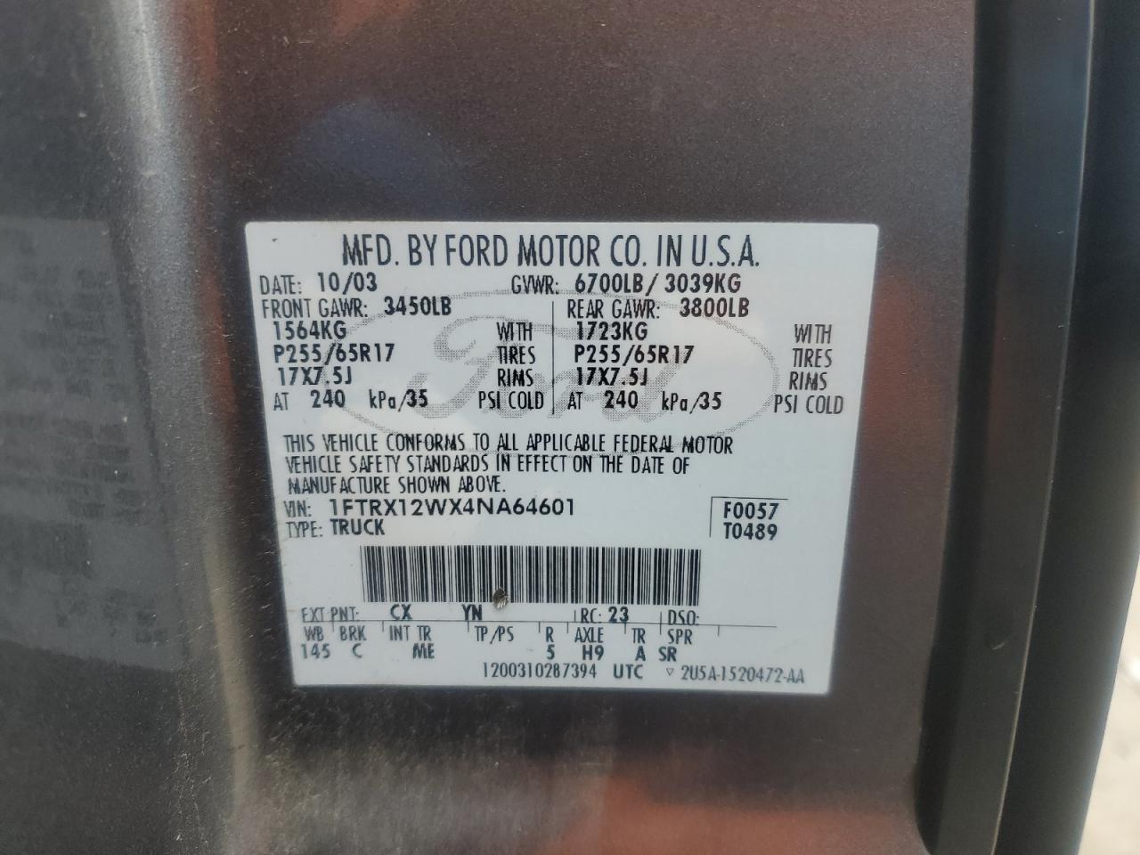 2004 Ford F-150 VIN 1FTRX12WX4NA64601 Copart auction photo, side damage thumbnail 12