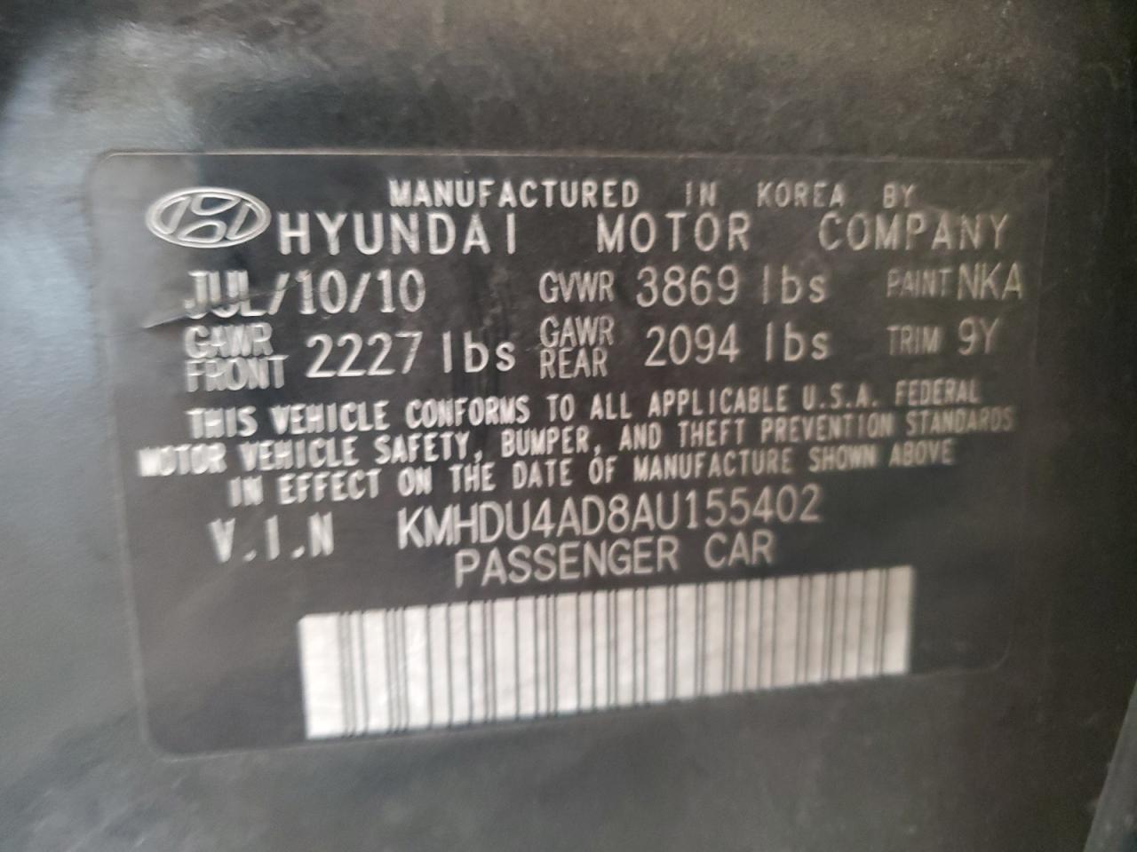 2010 Hyundai Elantra VIN KMHDU4AD8AU155402 Copart auction photo, rear end damage thumbnail 15