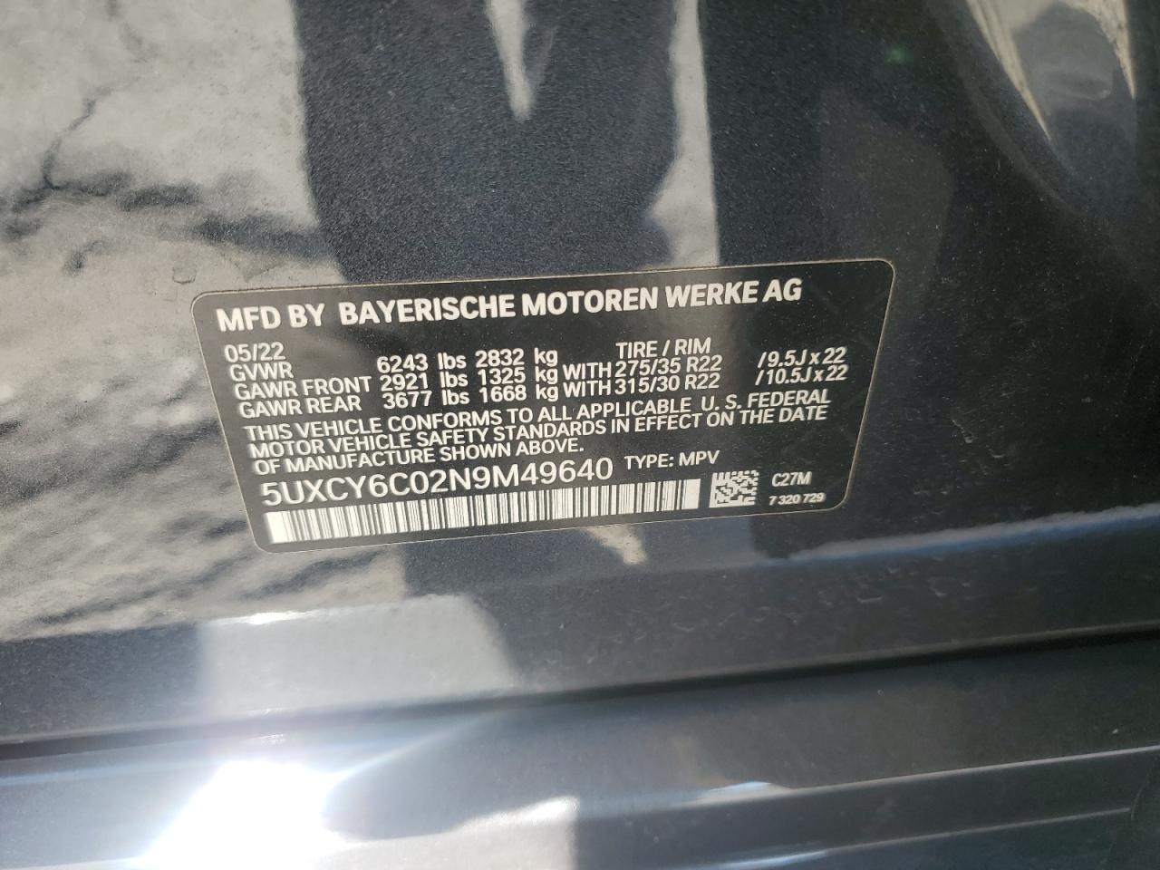2022 BMW X6 VIN 5UXCY6C02N9M49640 Copart auction photo, front end / rear end damage thumbnail 16