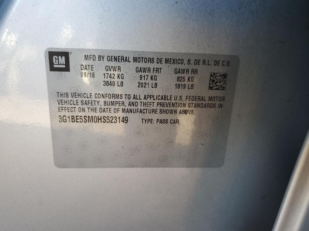 2017 Chevrolet Cruze VIN 3G1BE5SM0HS523149 Copart auction photo, front end damage thumbnail 14