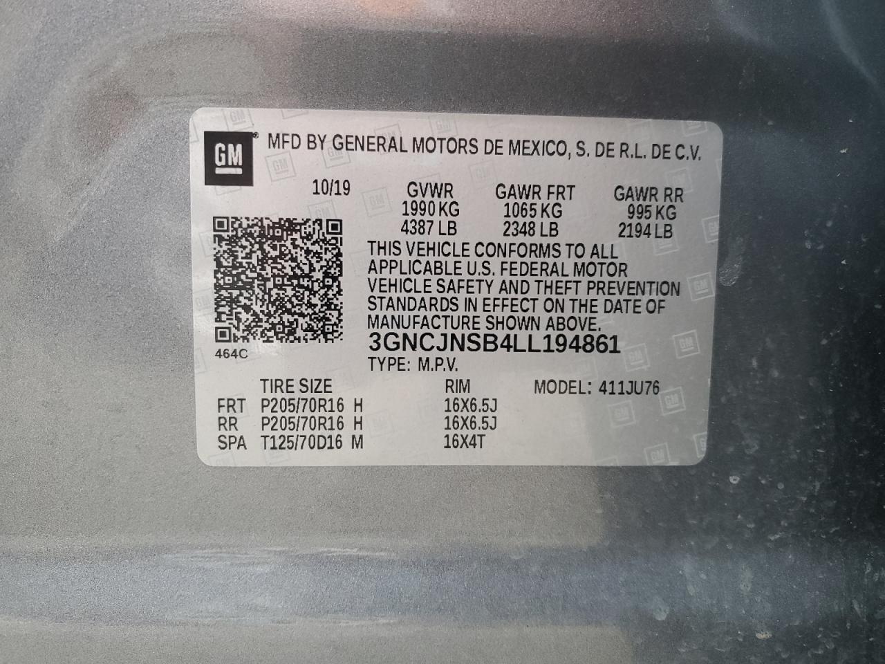 2020 Chevrolet Trax VIN 3GNCJNSB4LL194861 Copart auction photo, front end damage thumbnail 13