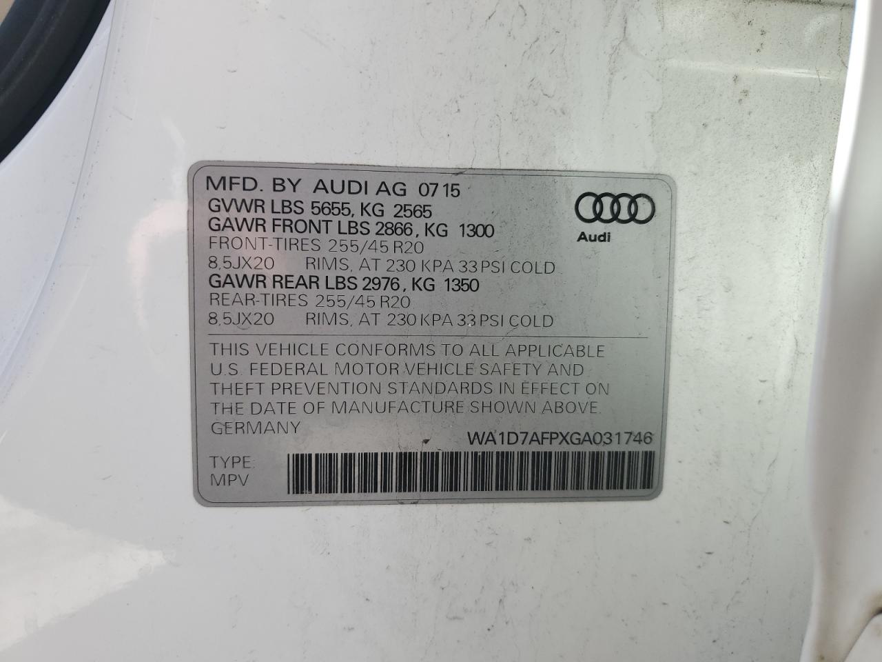 2016 Audi Q5 VIN WA1D7AFPXGA031746 Copart auction photo, front end damage thumbnail 13