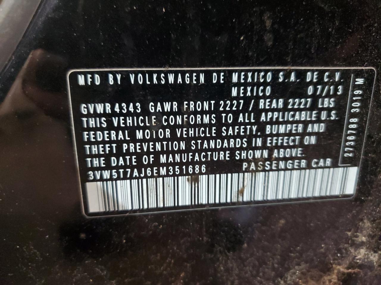 2014 Volkswagen Jetta VIN 3VW5T7AJ6EM351686 Copart auction photo, side / minor dent/scratches damage thumbnail 14