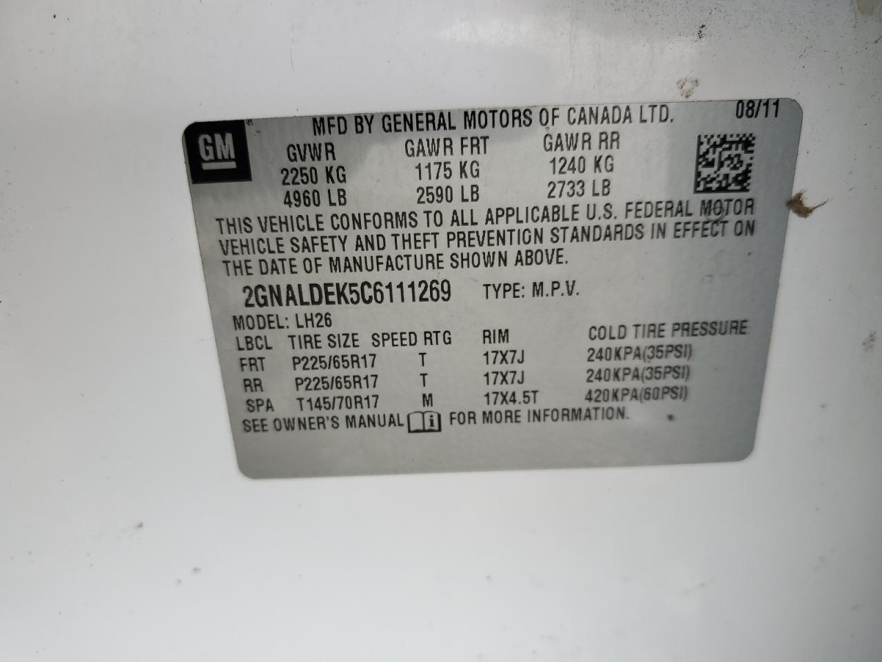 2012 Chevrolet Equinox VIN 2GNALDEK5C6111269 Copart auction photo, front end / side damage thumbnail 14