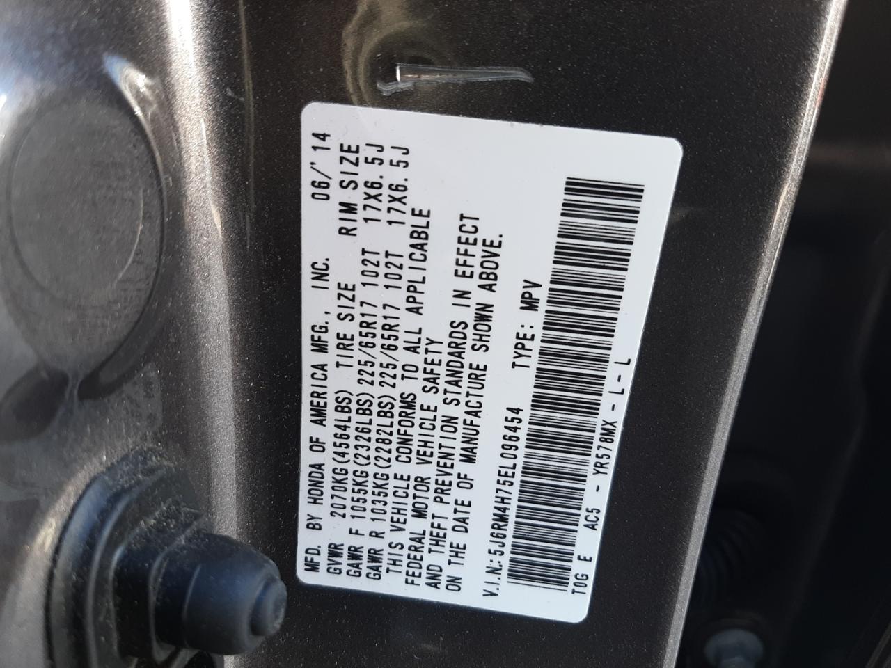 2014 Honda CR-V VIN 5J6RM4H75EL096454 Copart auction photo, all over damage thumbnail 14