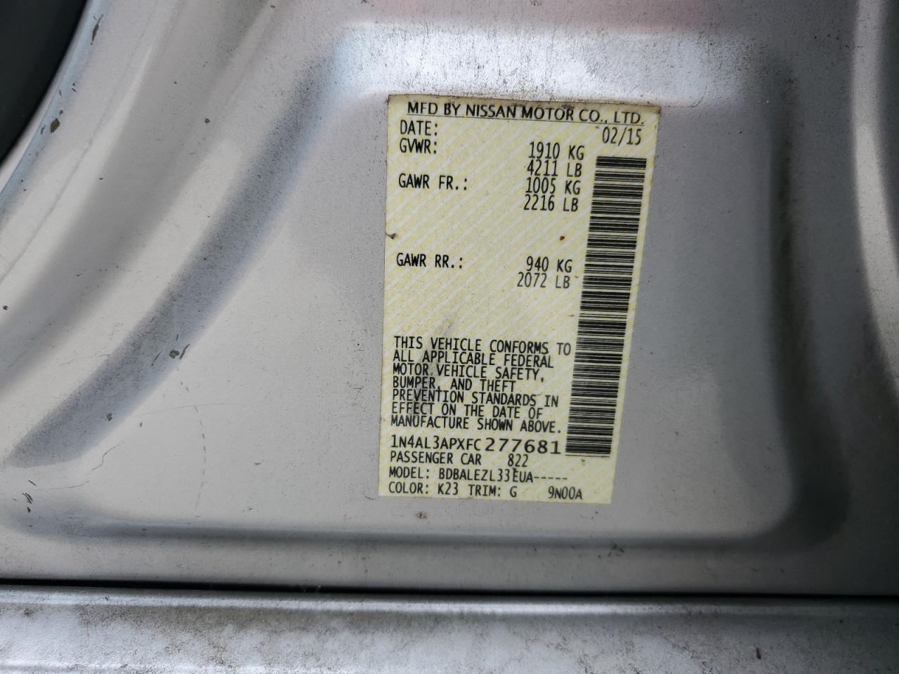 2015 Nissan Altima VIN 1N4AL3APXFC277681 Copart auction photo, front end / minor dent/scratches damage thumbnail 12