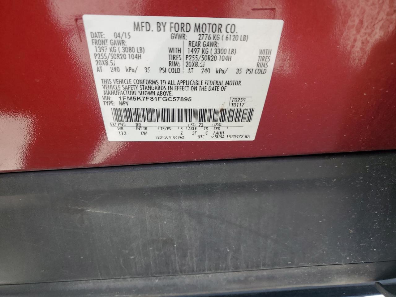 2015 Ford Explorer VIN 1FM5K7F81FGC57895 Copart auction photo, front end damage thumbnail 15