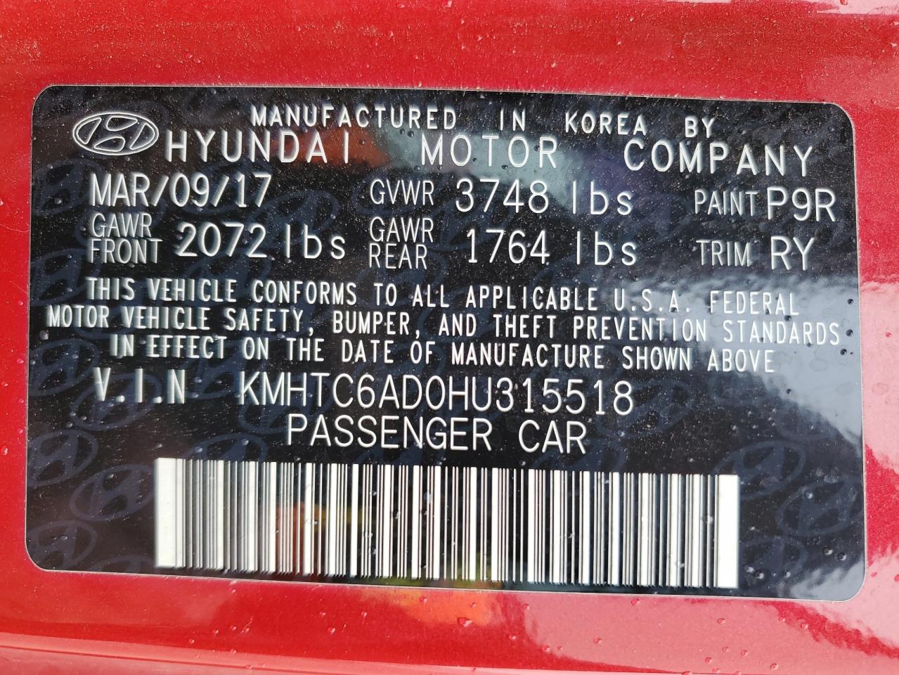 2017 Hyundai Veloster VIN KMHTC6AD0HU315518 Copart auction photo, front end / side damage thumbnail 12