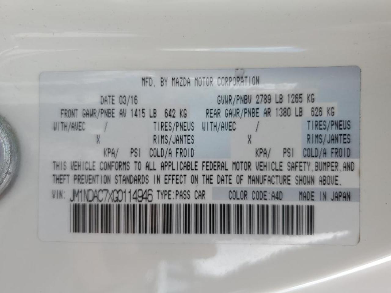 2016 Mazda MX-5 VIN JM1NDAC7XG0114946 Copart auction photo, front end / mechanical damage thumbnail 14