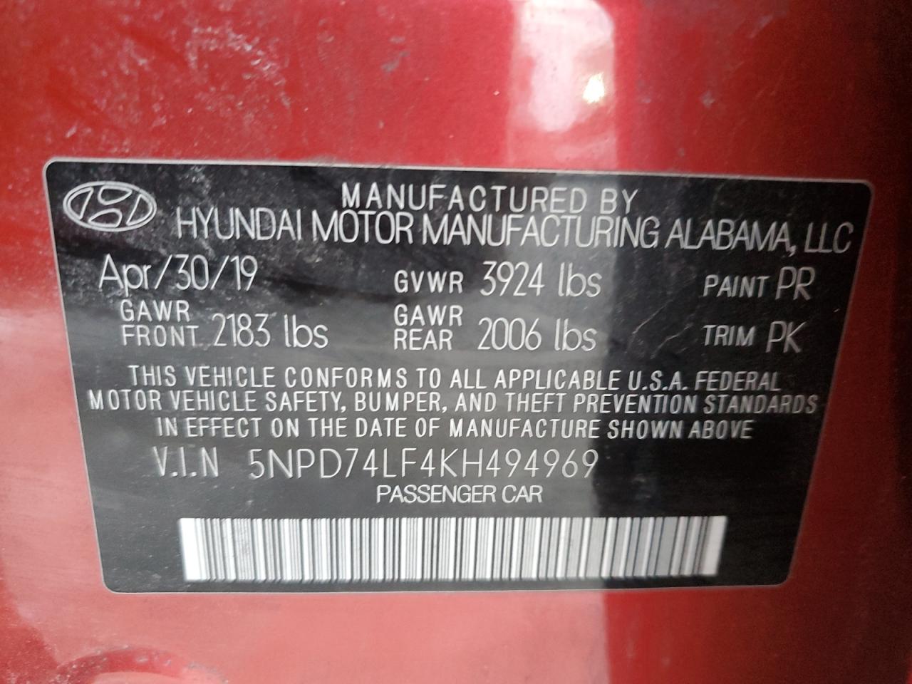 2019 Hyundai Elantra VIN 5NPD74LF4KH494969 Copart auction photo, front end damage thumbnail 12