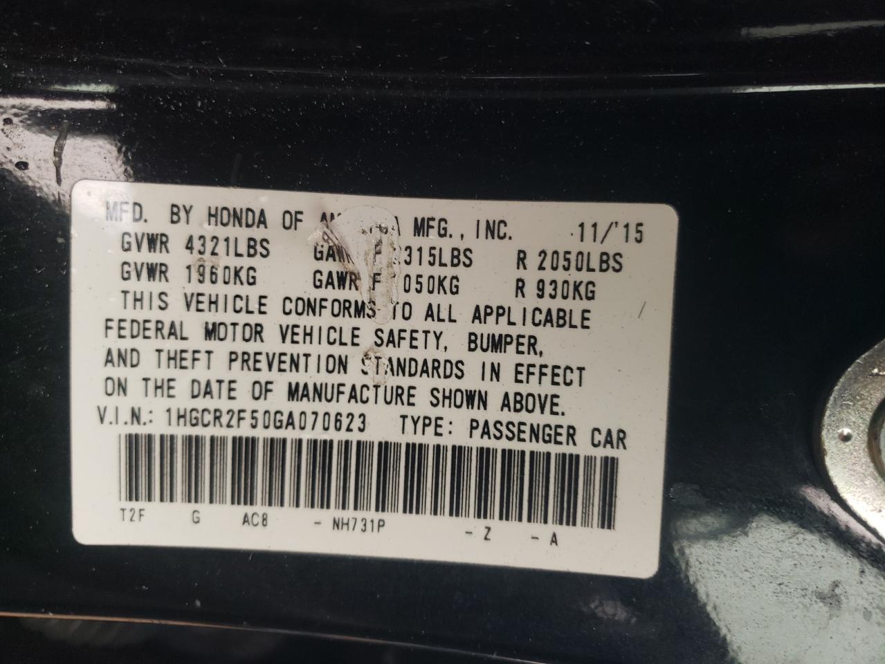 2016 Honda Accord VIN 1HGCR2F50GA070623 Copart auction photo, rear end damage thumbnail 13