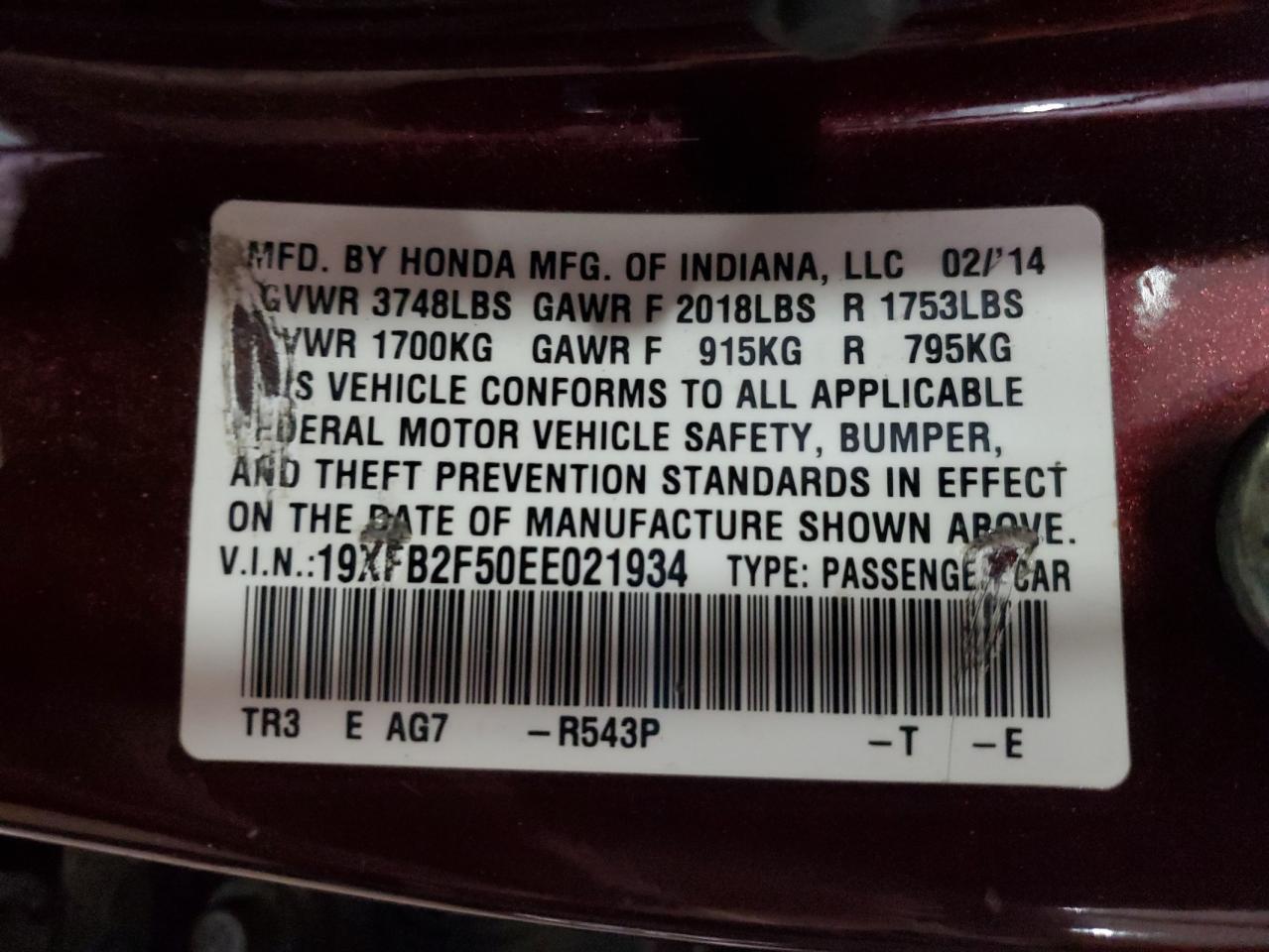 2014 Honda Civic VIN 19XFB2F50EE021934 Copart auction photo, hail / rear end damage thumbnail 12