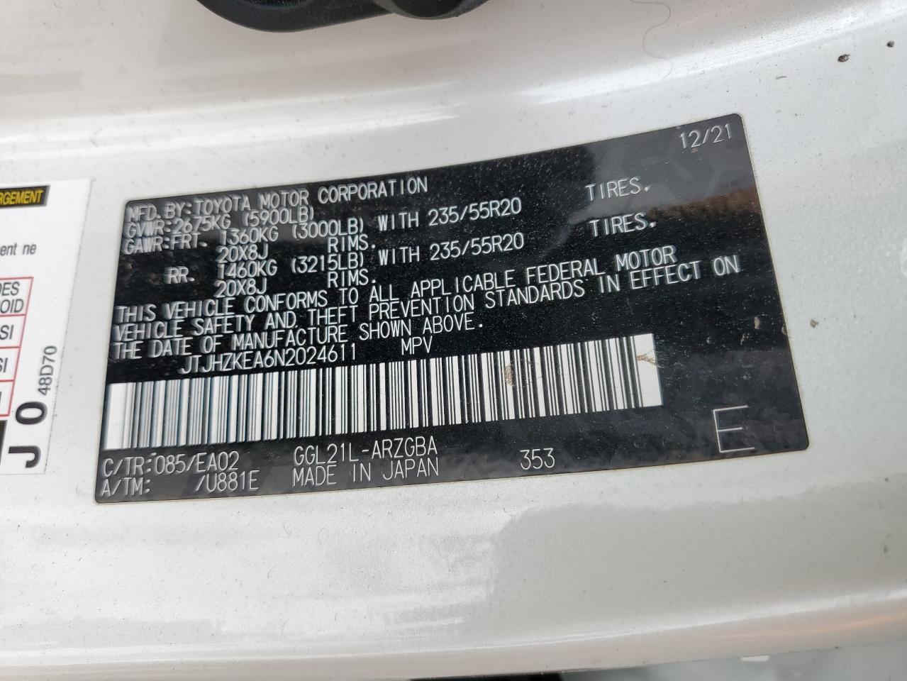 2022 Lexus RX VIN JTJHZKEA6N2024611 Copart auction photo, side / front end damage thumbnail 13