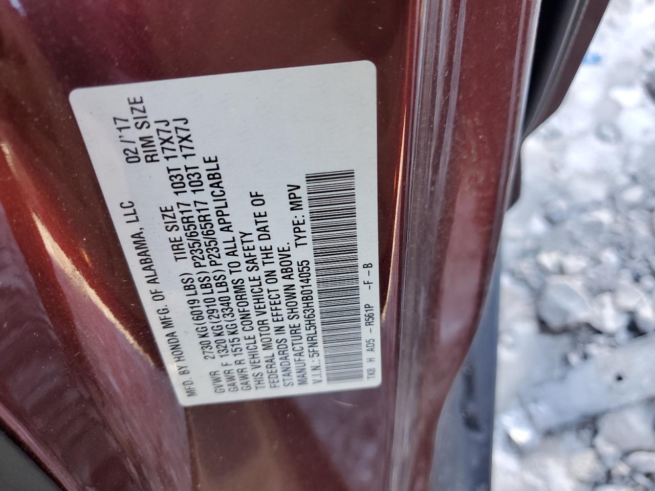 2017 Honda Odyssey VIN 5FNRL5H63HB014055 Copart auction photo, minor dent/scratches damage thumbnail 13