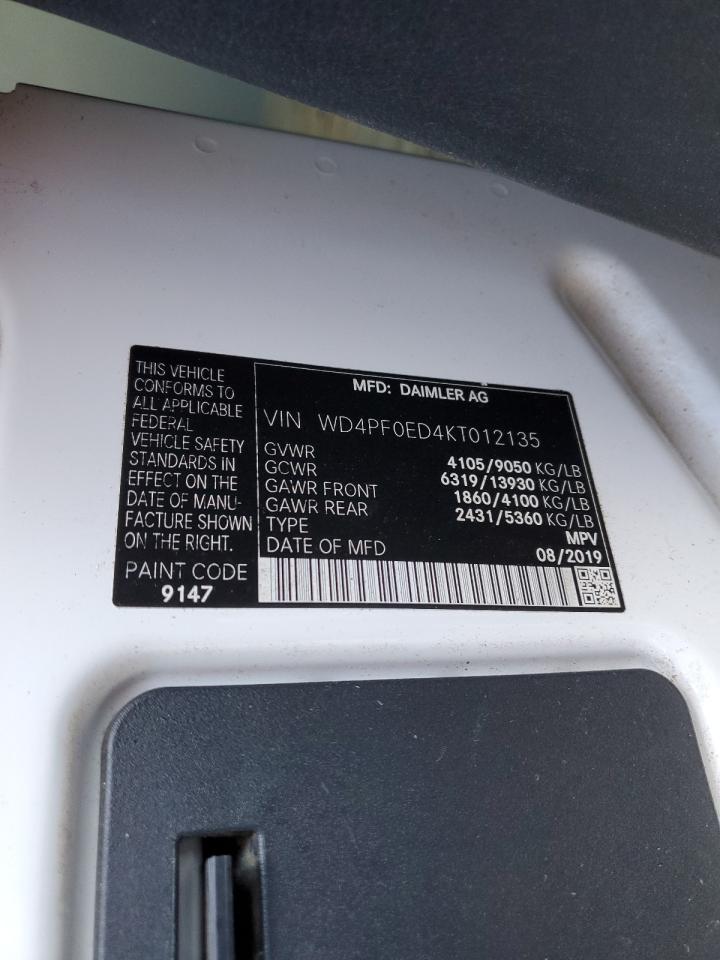 2019 Mercedes-Benz Sprinter VIN WD4PF0ED4KT012135 Copart auction photo, side damage thumbnail 13