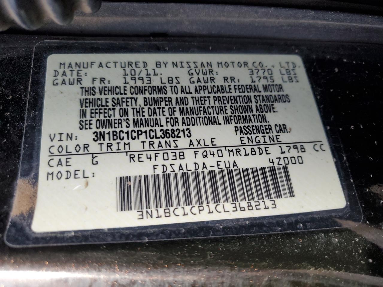 2012 Nissan Versa VIN 3N1BC1CP1CL368213 Copart auction photo, front end / side damage thumbnail 13