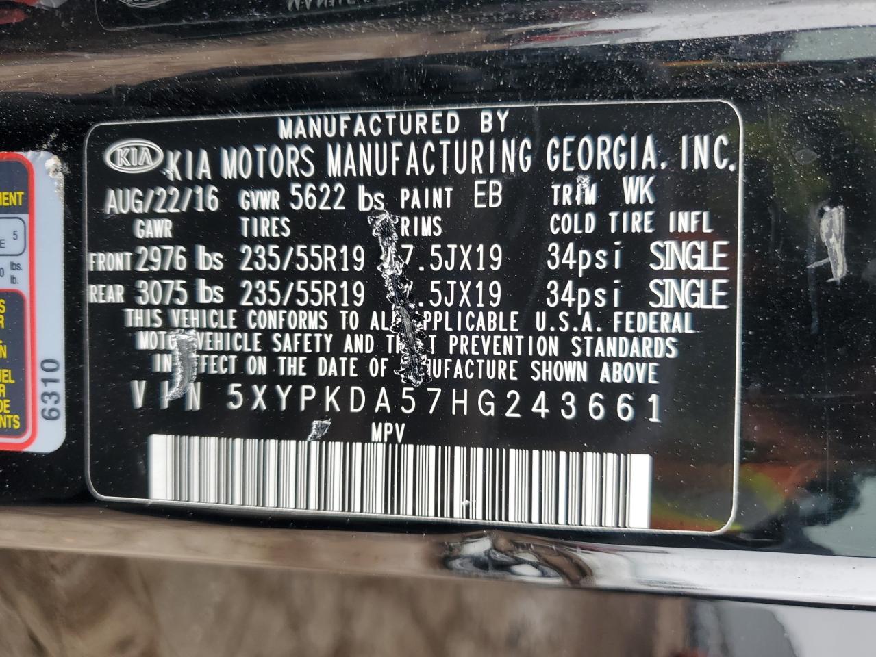 2017 KIA Sorento VIN 5XYPKDA57HG243661 Copart auction photo, front end / side damage thumbnail 13