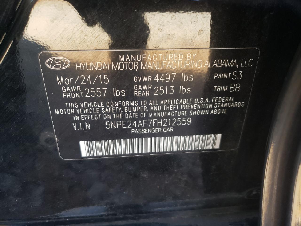2015 Hyundai Sonata VIN 5NPE24AF7FH212559 Copart auction photo, burn - engine / front end damage thumbnail 14