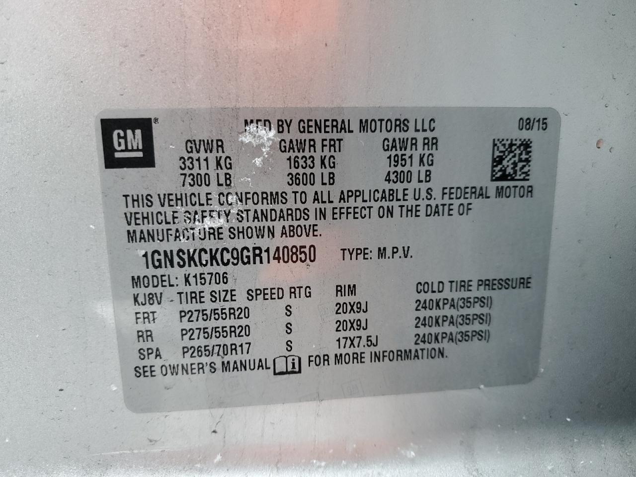 2016 Chevrolet Tahoe VIN 1GNSKCKC9GR140850 Copart auction photo, front end / mechanical damage thumbnail 15