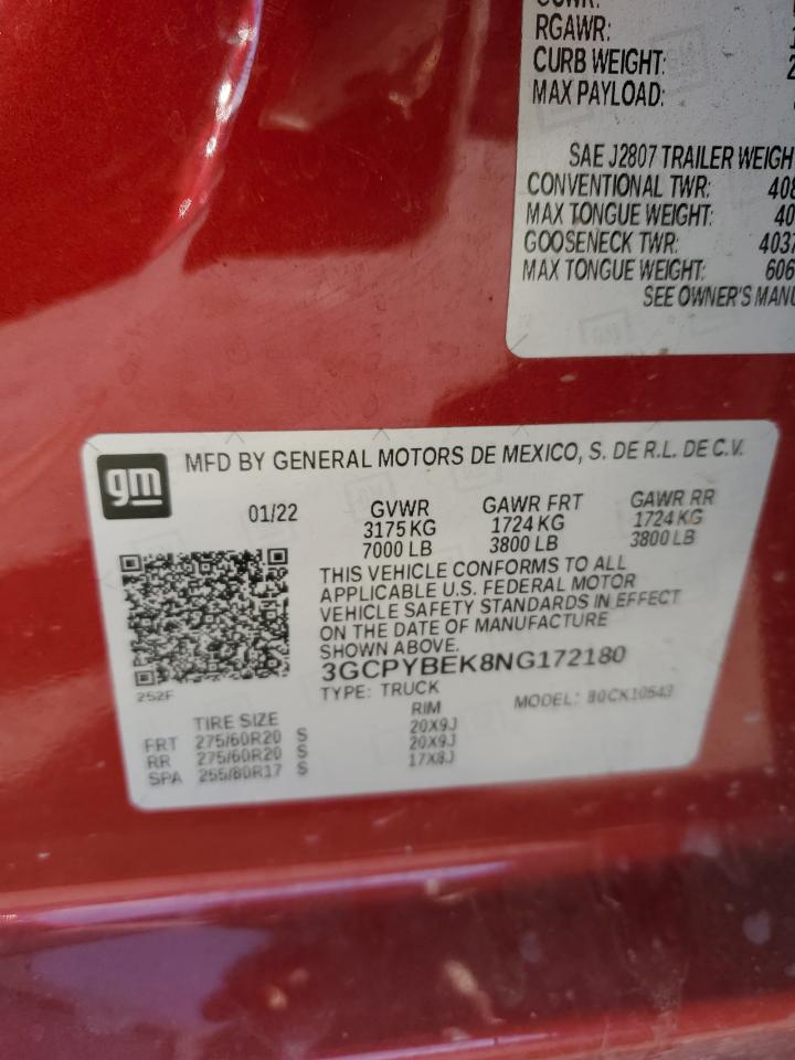 2022 Chevrolet Silverado VIN 3GCPYBEK8NG172180 Copart auction photo, front end / side damage thumbnail 12