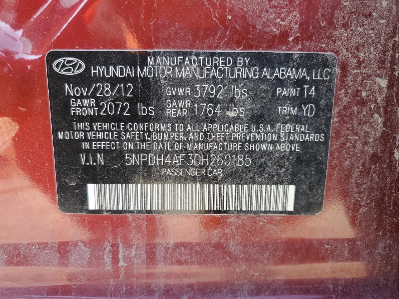 2013 Hyundai Elantra VIN 5NPDH4AE3DH260185 Copart auction photo, side damage thumbnail 12
