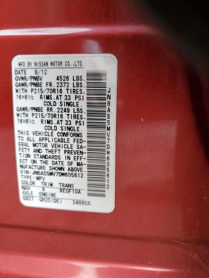 2013 Nissan Rogue VIN JN8AS5MV7DW605612 Copart auction photo, all over damage thumbnail 13