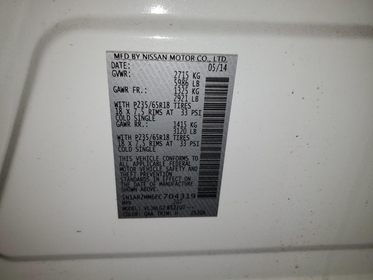 2014 Nissan Pathfinder VIN 5N1AR2MM6EC704319 Copart auction photo, side / rear end damage thumbnail 15