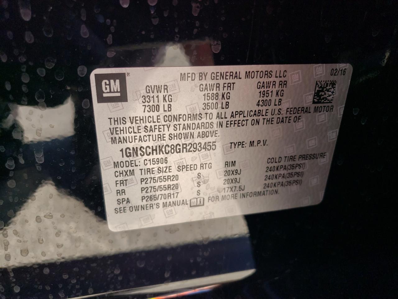 2016 Chevrolet Suburban VIN 1GNSCHKC8GR293455 Copart auction photo, front end damage thumbnail 15