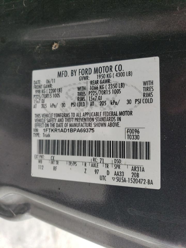2011 Ford Ranger VIN 1FTKR1AD1BPA69375 Copart auction photo, front end / side damage thumbnail 15