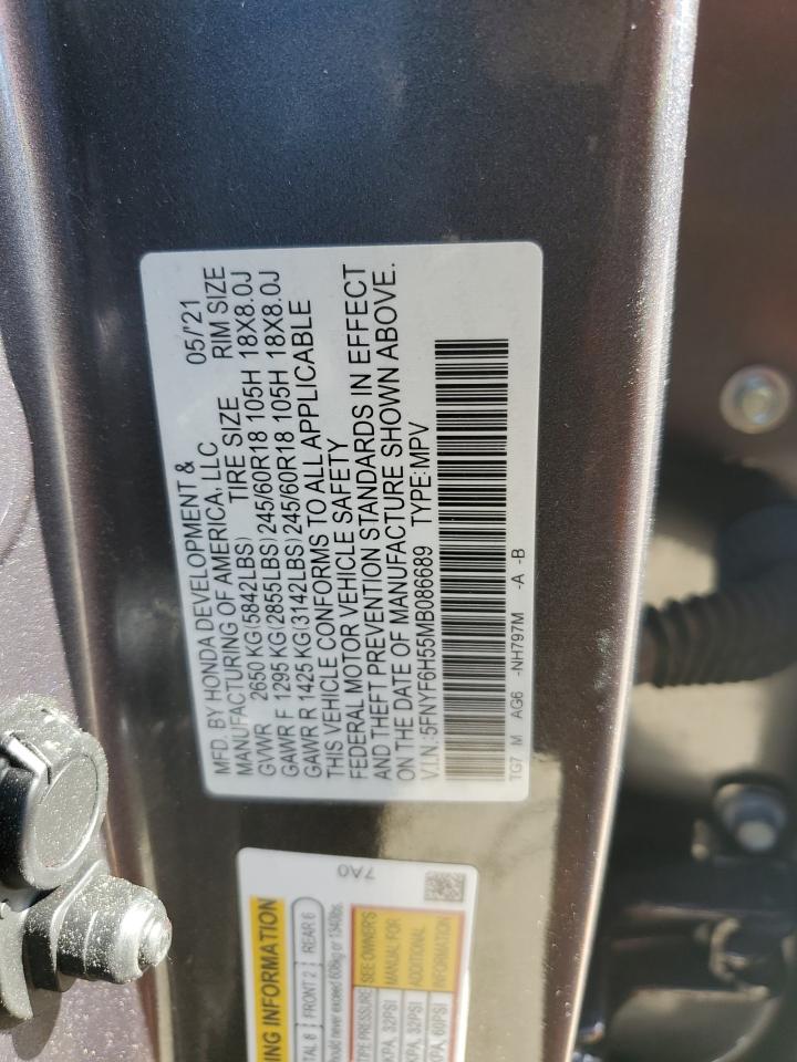 2021 Honda Pilot VIN 5FNYF6H55MB086689 Copart auction photo, front end damage thumbnail 13