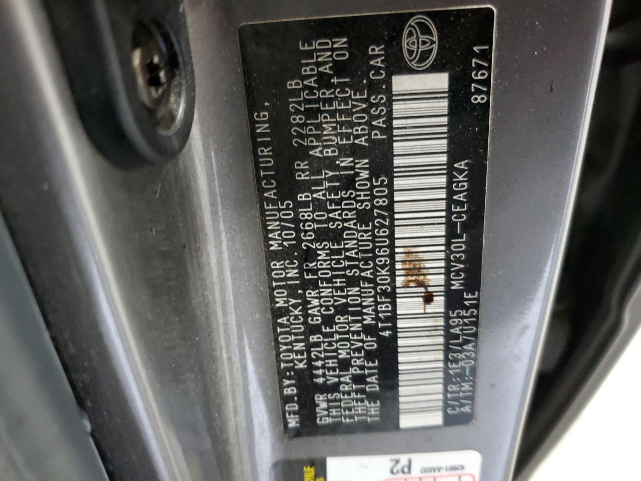2006 Toyota Camry VIN 4T1BF30K96U627805 Copart auction photo, front end / minor dent/scratches damage thumbnail 12