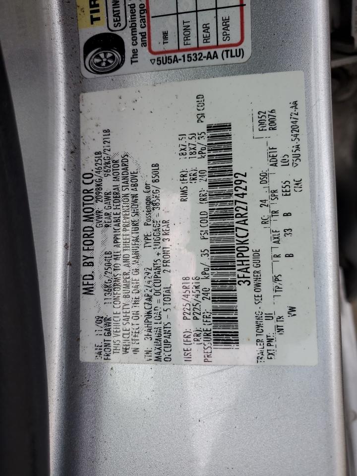 2010 Ford Fusion VIN 3FAHP0KC7AR274292 Copart auction photo, front end damage thumbnail 12