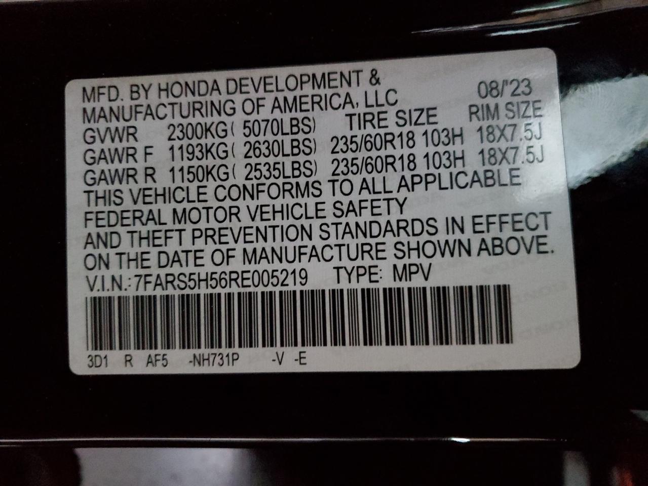 2024 Honda CR-V VIN 7FARS5H56RE005219 Copart auction photo, front end / side damage thumbnail 12