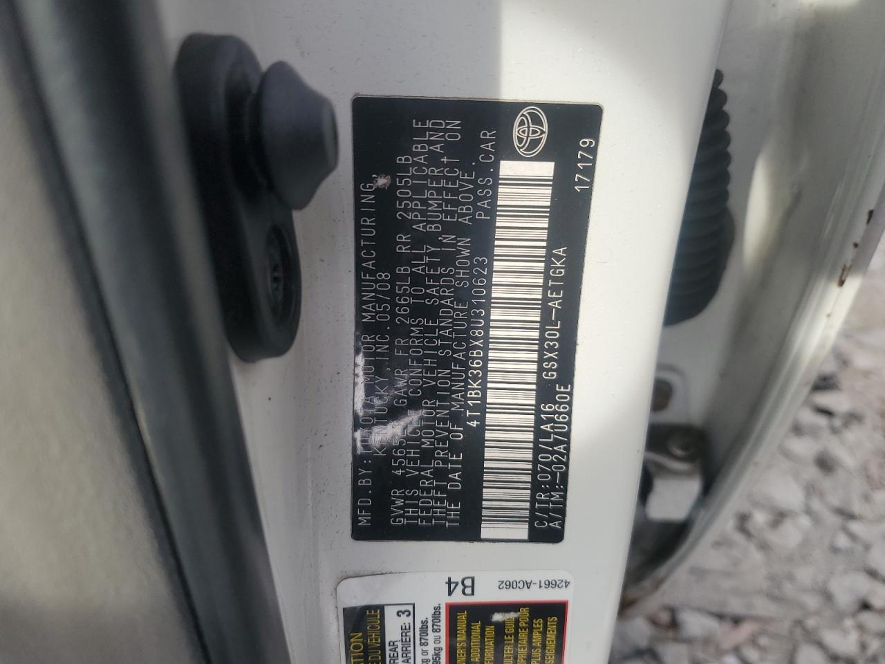 2008 Toyota Avalon VIN 4T1BK36BX8U310623 Copart auction photo, front end damage thumbnail 12