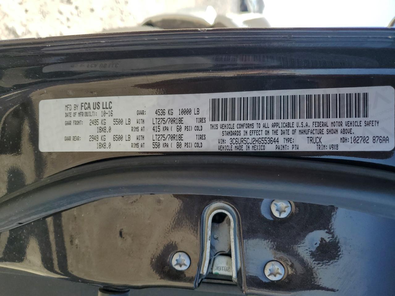 2017 RAM 2500 VIN 3C6UR5CJ2HG553644 Copart auction photo, burn damage thumbnail 12