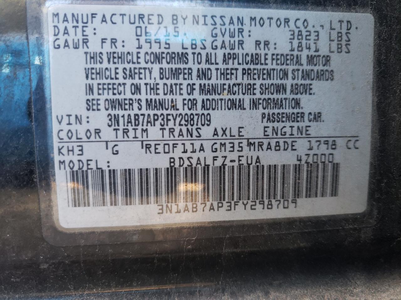 2015 Nissan Sentra VIN 3N1AB7AP3FY298709 Copart auction photo, all over damage thumbnail 12