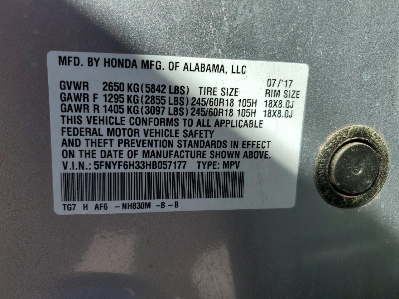 2017 Honda Pilot VIN 5FNYF6H33HB057177 Copart auction photo, side / rear end damage thumbnail 15