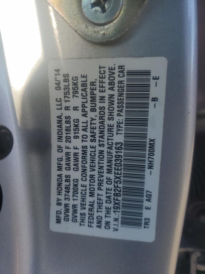 2014 Honda Civic VIN 19XFB2F5XEE039163 Copart auction photo, front end damage thumbnail 14