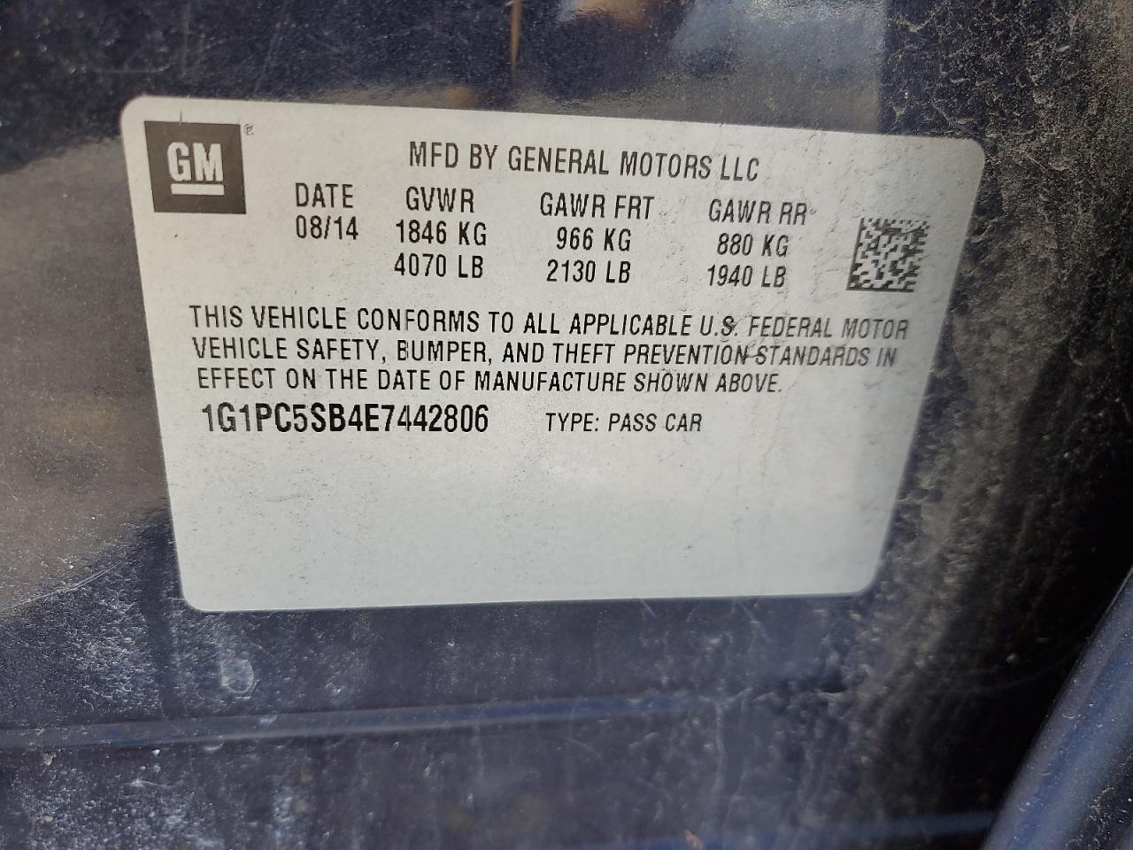2014 Chevrolet Cruze VIN 1G1PC5SB4E7442806 Copart auction photo, front end / minor dent/scratches damage thumbnail 12